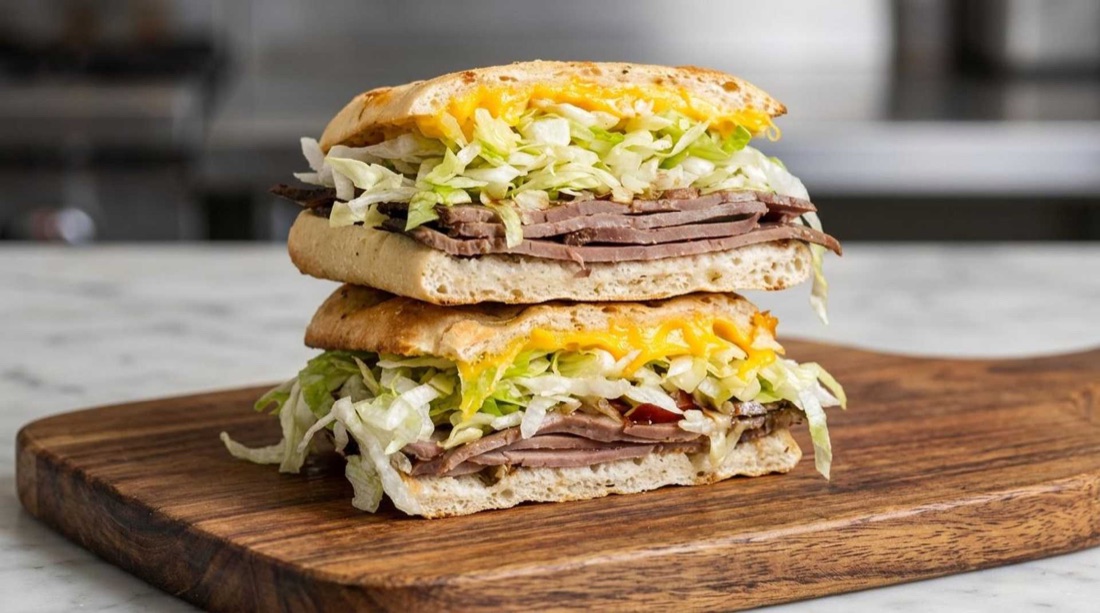 An oven-baked, hand-pressed Toasted Goat sandwich